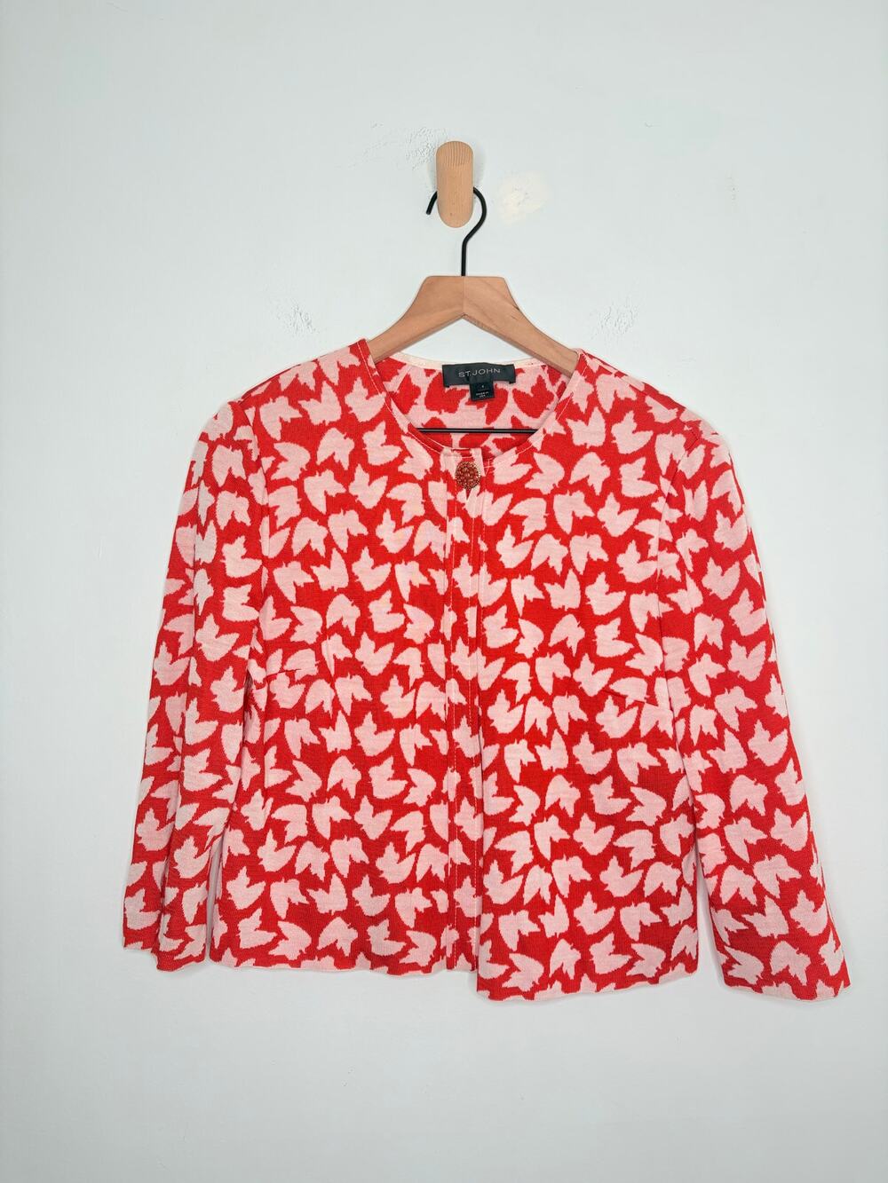 St John Red Wool Cardigan Sweater Size 6 Printed Button Up Business Casual